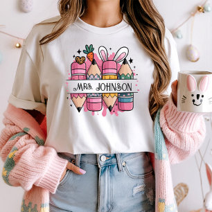 Personalised Easter Teacher Name Tee; Bunny Pencil T-Shirt