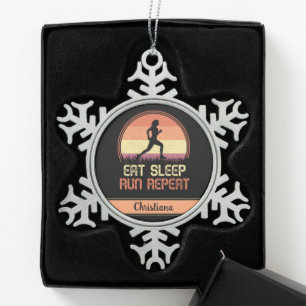 Personalised Eat Sleep Run Repeat Retro Athlete Snowflake Pewter Christmas Ornament