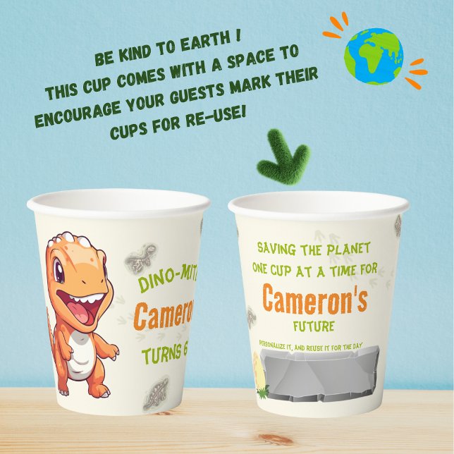 Personalised Eco Friendly Orange Dino Birthday Paper Cups (Creator Uploaded)
