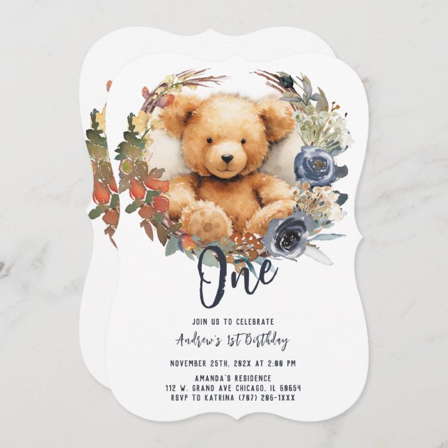 Personalised  Editable 1st Birthday Boy Bear Invitation (Front/Back)