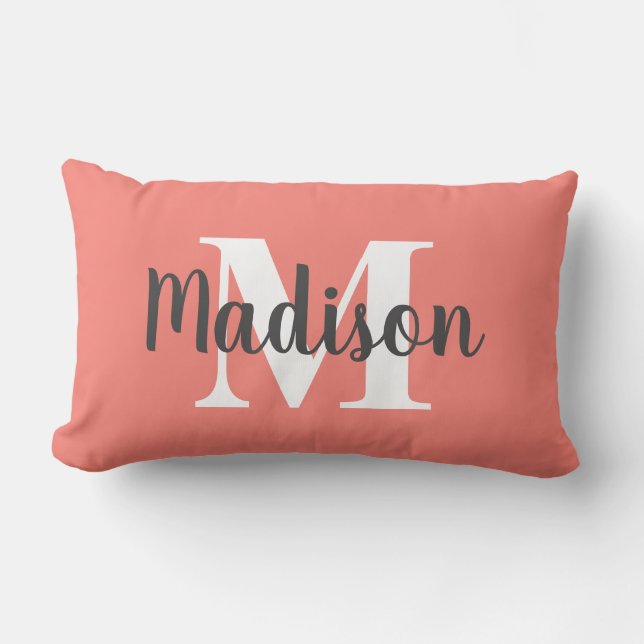 Personalised Editable Colour Monogram Name Coral Lumbar Cushion (Front)