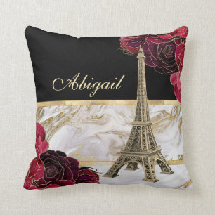 Personalised Eiffel Tower Gold, Black Marble Rose Cushion
