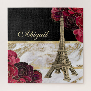 Personalised Eiffel Tower Gold, Black Marble Rose Jigsaw Puzzle