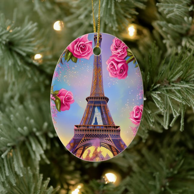 Personalised Eiffel Tower Pink Rose Chic Christmas Ceramic Ornament (Tree)