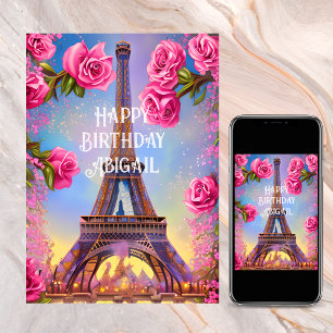 Personalised Eiffel Tower Pink Roses Chic Birthday Card