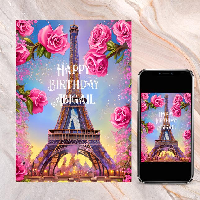 Personalised Eiffel Tower Pink Roses Chic Birthday Card (Personalized Eiffel Tower Pink Roses Chic Birthday Card)