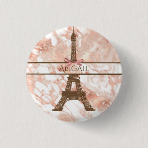 Personalised Eiffel Tower White, Rose Gold Marble 3 Cm Round Badge