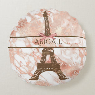 Personalised Eiffel Tower White, Rose Gold Marble Round Cushion