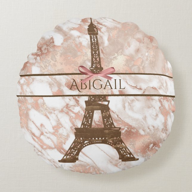 Personalised Eiffel Tower White, Rose Gold Marble Round Cushion (Front)