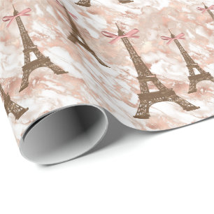 Personalised Eiffel Tower White, Rose Gold Marble Wrapping Paper
