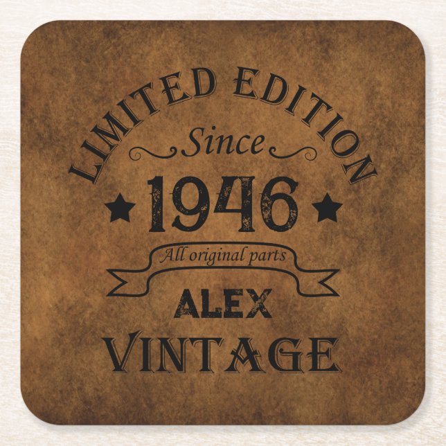 Personalised eighty vintage 80th birthday party square paper coaster (Front)