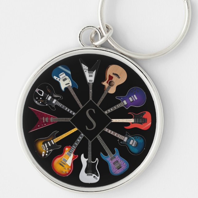 Personalised Electric Guitar Circle Black Key Ring (Front)