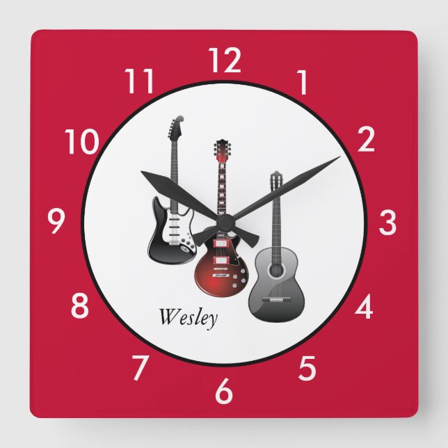 Personalised Electric Guitars Red Square Wall Clock (Front)
