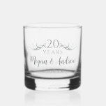 Personalised Elegant 20th Wedding Anniversary Gift Whiskey Glass<br><div class="desc">Create a beautiful custom wedding anniversary gift by adding the couple's names and anniversary date. My original designer silver wisps of streamers radiate from both sides of the script, "20 Years". Personalise this commemorative glass with the couple's name written in dark grey modern elegant typography. Add the wedding anniversary date...</div>