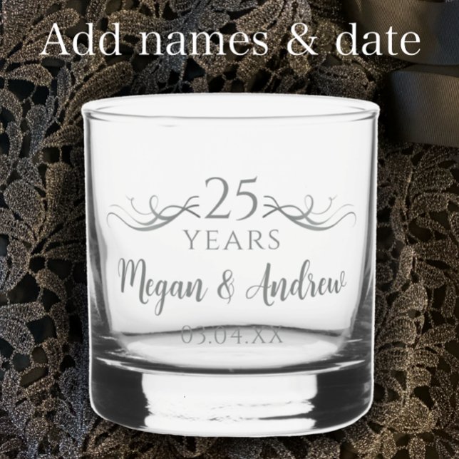 Personalised Elegant 25th Wedding Anniversary Gift Whiskey Glass (Create a one-of-a-kind personalized keepsake glass for a silver 25th wedding anniversary gift. 
)