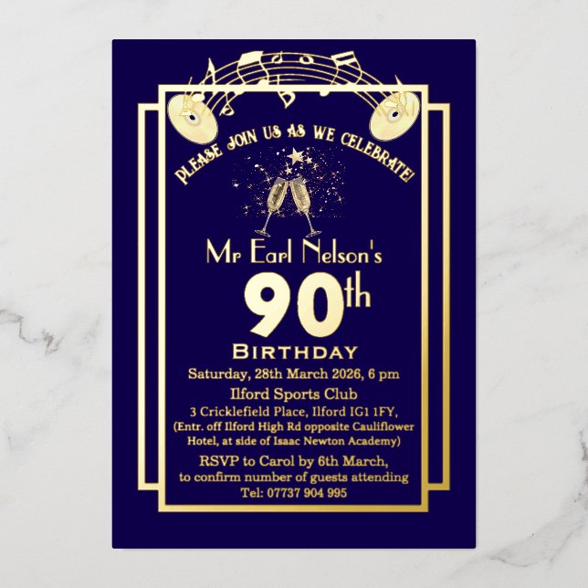 Personalised Elegant 90th Birthday Foil Invitation (Front)