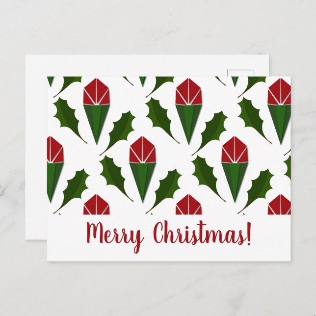 Personalised Elegant Abstract Red Roses and Holly Postcard (Front/Back)