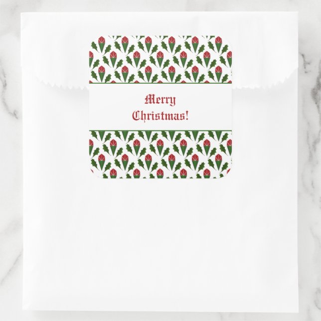 Personalised Elegant Abstract Red Roses and Holly Square Sticker (Bag)