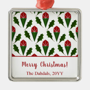 Personalised Elegant Abstract Red Roses & Holly Metal Ornament