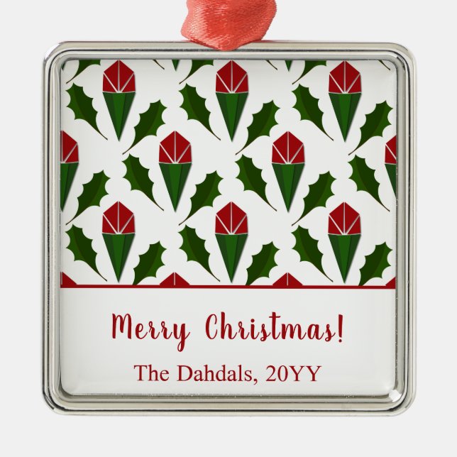 Personalised Elegant Abstract Red Roses & Holly Metal Ornament (Front)