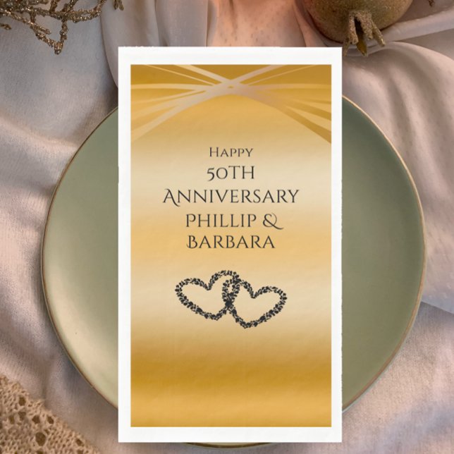 Personalised Elegant Arch Golden 50th Anniversary Napkin (Throw a beautiful 50th Wedding Anniversary Party with personalized unique golden arch heart napkins.)
