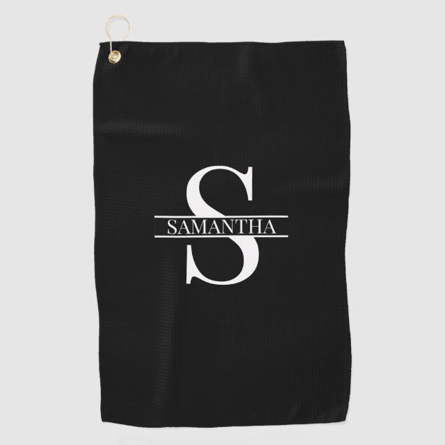 Personalised Elegant Black and White Monogram Name Golf Towel (Front)