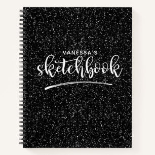 Personalised Elegant Black Glitter Sketchbook Notebook