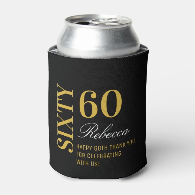 Personalised Elegant Black Gold 60 Birthday Party  Can Cooler (Can Front)