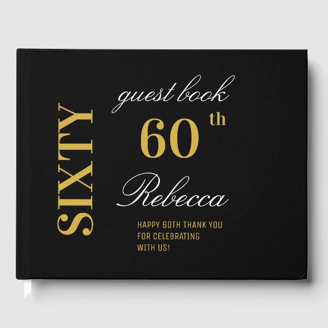 Personalised Elegant Black & Gold 60th Birthday  Guest Book (Front)
