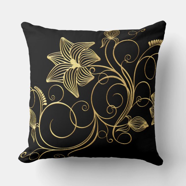 Personalised Elegant Black Gold Foil Floral Name Cushion (Front)