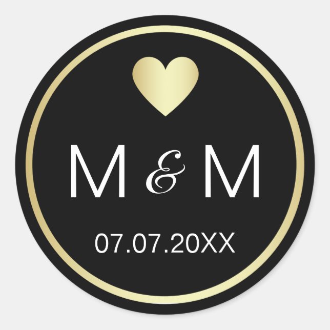 Personalised Elegant Black Gold & Heart Wedding Classic Round Sticker (Front)