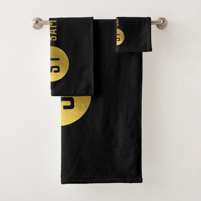 Personalised Elegant Black & Gold Modern Monogram Bath Towel Set (Insitu)