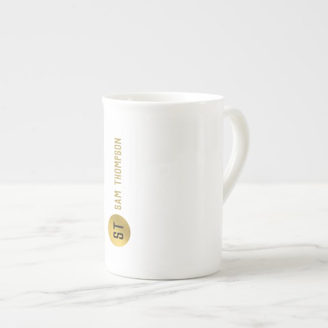 Personalised Elegant Black & Gold Modern Monogram Bone China Mug (Front Right)