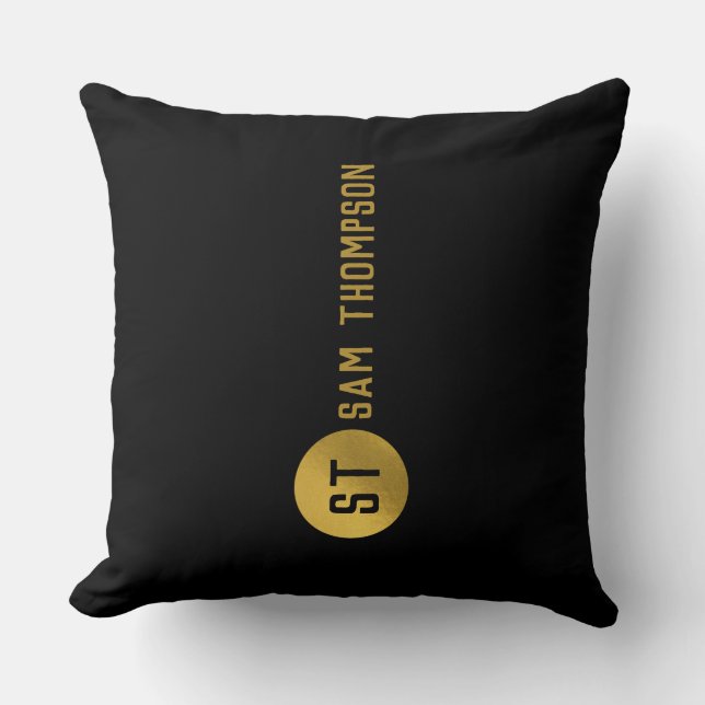 Personalised Elegant Black & Gold Modern Monogram Cushion (Front)