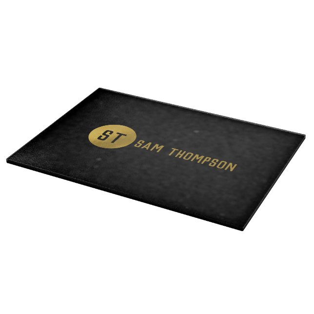 Personalised Elegant Black & Gold Modern Monogram Cutting Board (Corner)