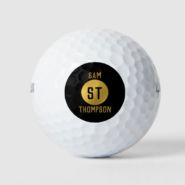 Personalised Elegant Black & Gold Modern Monogram Golf Balls (Front)