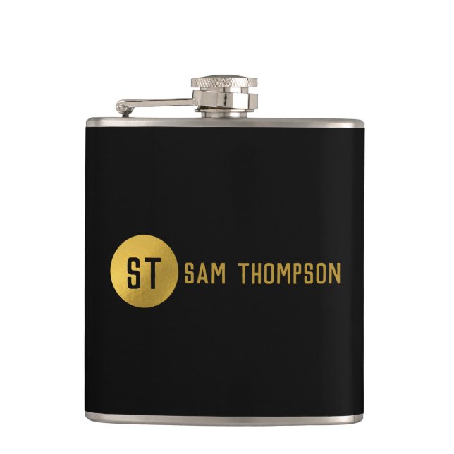 Personalised Elegant Black & Gold Modern Monogram Hip Flask (Front)