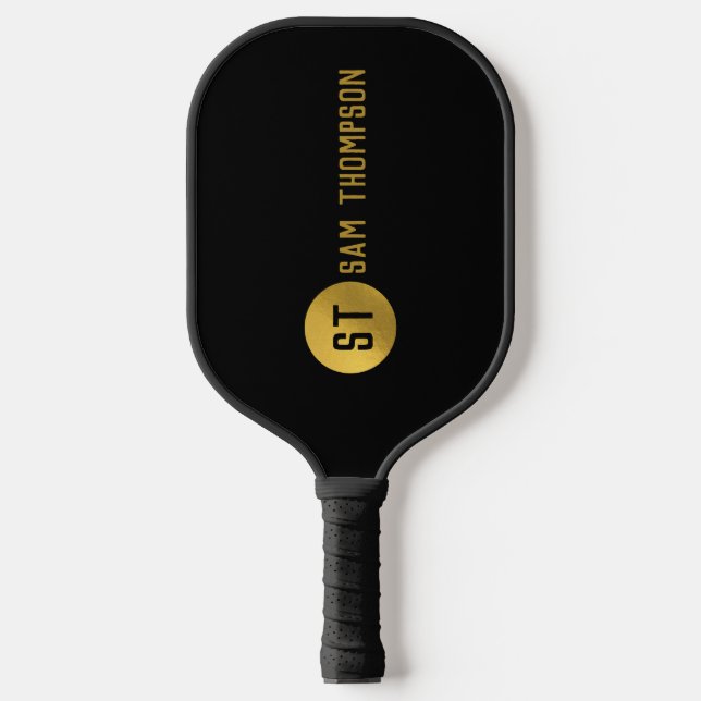 Personalised Elegant Black & Gold Modern Monogram Pickleball Paddle (Front)