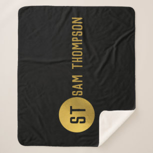 Personalised Elegant Black & Gold Modern Monogram Sherpa Blanket