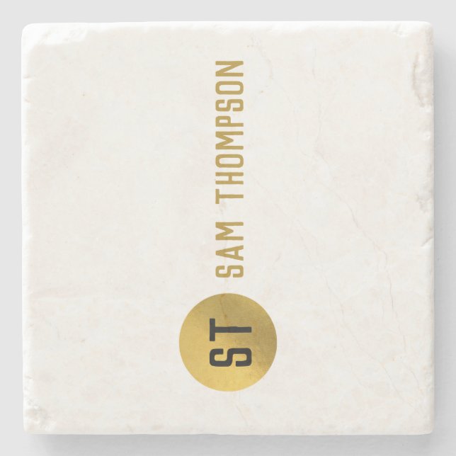Personalised Elegant Black & Gold Modern Monogram Stone Coaster (Front)