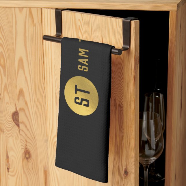 Personalised Elegant Black & Gold Modern Monogram Tea Towel (Thirds Fold)