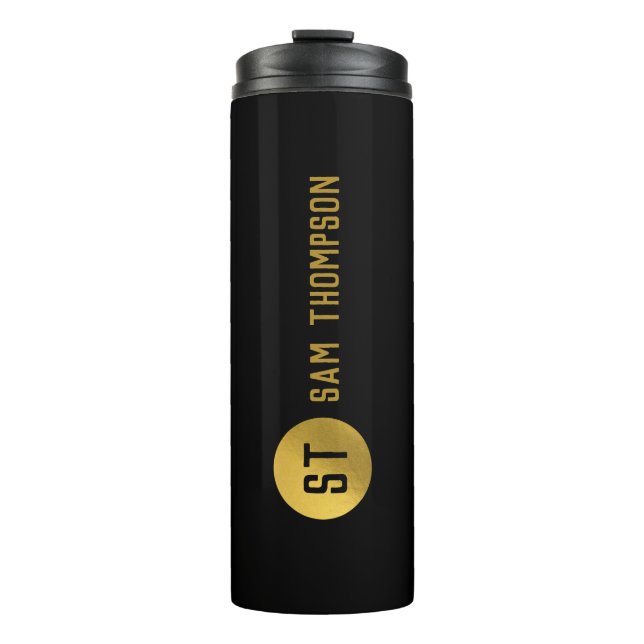 Personalised Elegant Black & Gold Modern Monogram Thermal Tumbler (Front)
