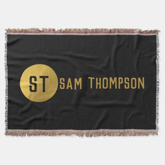 Personalised Elegant Black & Gold Modern Monogram  Throw Blanket (Front)
