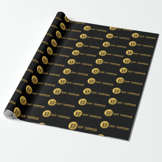 Personalised Elegant Black & Gold Modern Monogram Wrapping Paper (Unrolled)