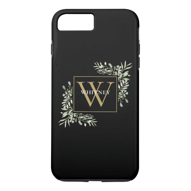 Personalised Elegant Black Gold Monogram Greenery Case-Mate iPhone Case (Back)