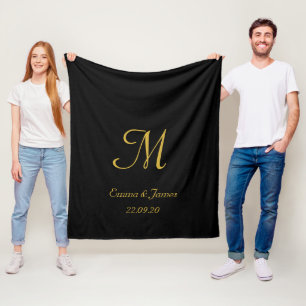 Personalised Elegant Black Gold Monogram Initial   Fleece Blanket