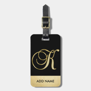 Personalised Elegant Black Gold Monogram Letter K Luggage Tag