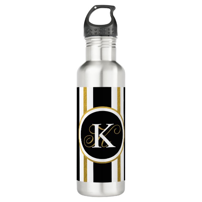 Personalised Elegant Black & Gold Stripes Monogram 710 Ml Water Bottle (Front)