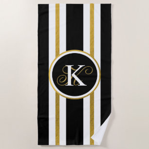 Personalised Elegant Black & Gold Stripes Monogram Beach Towel