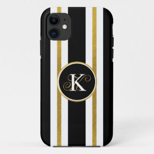 Personalised Elegant Black & Gold Stripes Monogram iPhone 11 Case